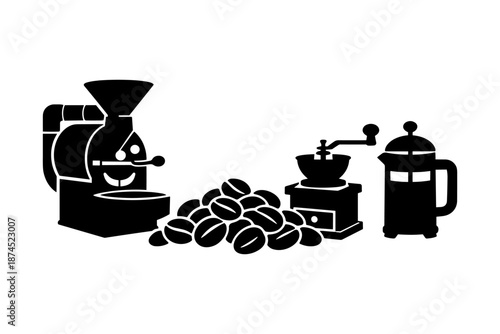 Silhouette coffee set with grinder, beans, and french press in black and white
