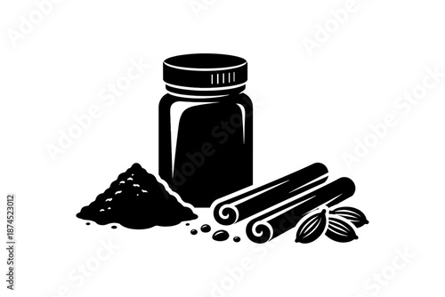 Spice jar with cinnamon sticks and nutmeg in black silhouette style