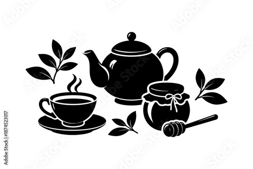 Elegant silhouette of teapot, teacup, and honey jar with leaves