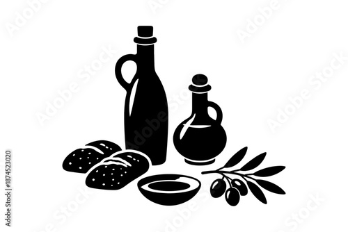 Silhouette of olive oil bottles and bread with olive branch on white background