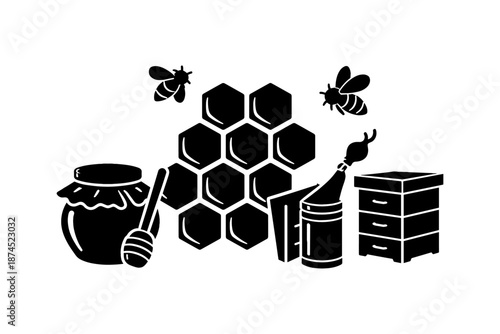Silhouette of beekeeping tools and honeycomb elements with bees
