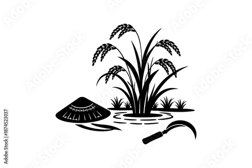 Silhouette of rice plant with hat and sickle in natural setting