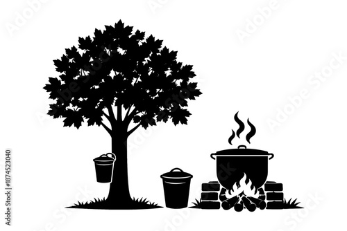 Silhouette of maple tree and syrup boiling over fire: traditional sugaring process