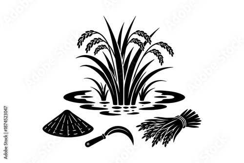 Silhouette of rice plant with straw hat and sickle design