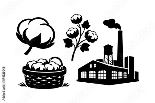 Silhouette cotton industry icons with basket, plant, and factory elements