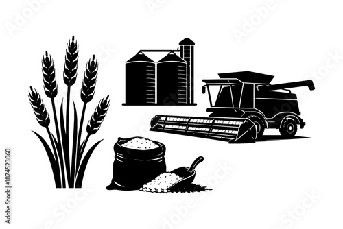 Black and white farm elements: wheat, silos, and combine harvester silhouette