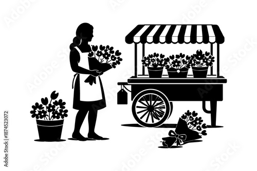 Silhouette of a florist arranging flowers at a market cart