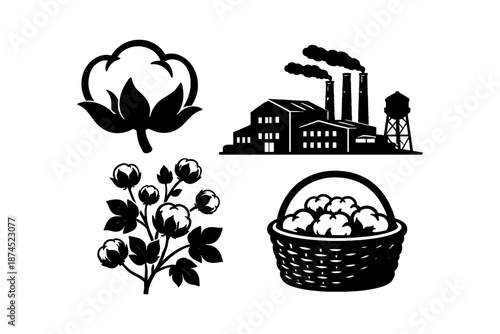 Vintage cotton industry icons: silhouette factory, cotton plant, basket