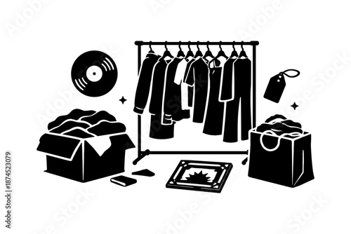 Vintage thrift store scene with clothes rack and records in silhouette style