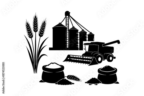 Modern agriculture silhouette with combine harvester and grain silos