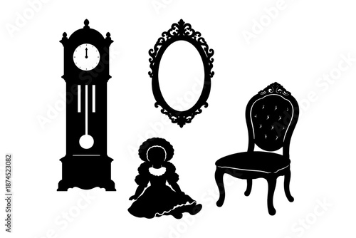 Silhouette of vintage furniture and toys: clock, chair, mirror, doll