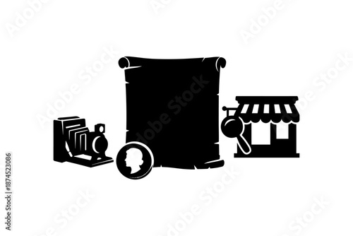 Silhouette design of ancient scrolls, coins, cameras, and marketplaces