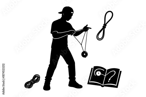 Silhouette of yo-yo player with rope tricks and manual illustrations
