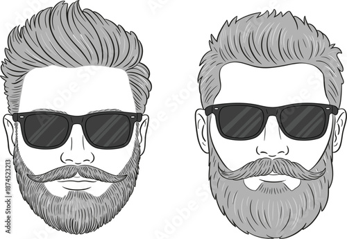 Hand drawn bearded man face with sunglasses vector illustration, hipster barber shop mascot set for branding