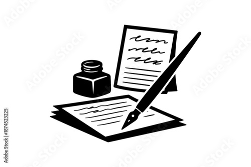 Vintage writing tools with ink bottle, quill pen, and paper on white background