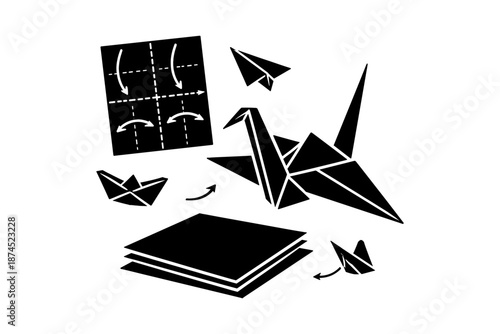 Origami art set with paper crane and folding instructions