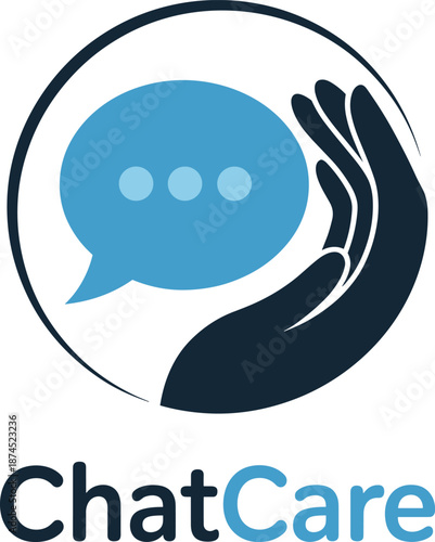 Chat, care, logo, messaging, support, icon, speech, bubble, hand, protection, modern, healthcare, communication, app, branding, vector, illustration, customer, service, design