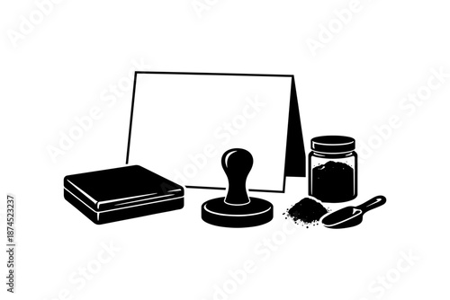 Monochrome stationery and craft setup with stamp and ink bottle in minimal style