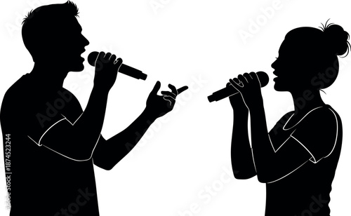 Silhouette of a Man and Woman Singing a Duet into Microphones for Karaoke Night Performance or Musical Stage Concert Event.