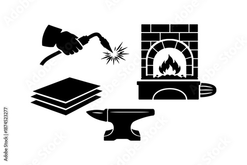 Blacksmith tools and equipment icons set: anvil, forge, welding torch, metal sheets