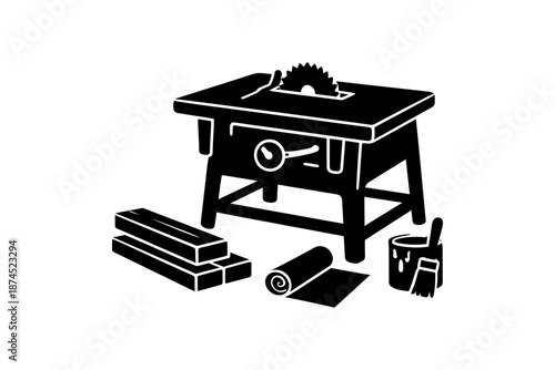 Carpentry tools silhouette: table saw and materials for woodworking projects
