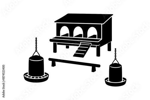 Silhouette hen house with feeder and drinker flat icon design
