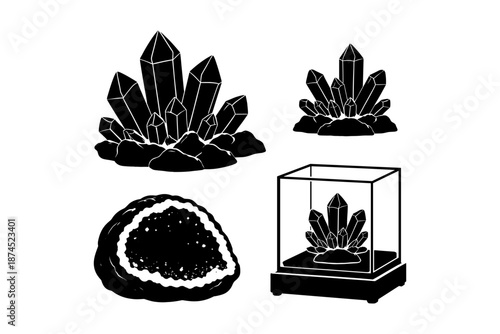 Black silhouette of crystals and geodes in display case design