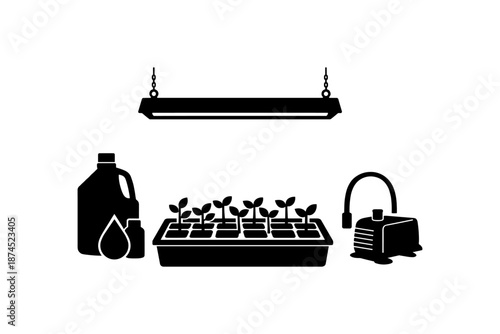 Hydroponic garden setup with seedlings and equipment in silhouette style