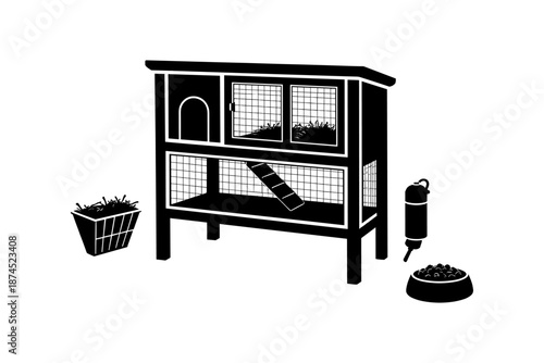 Silhouette rabbit hutch with feeder and hay basket
