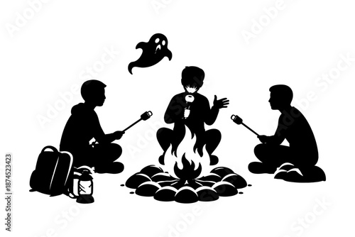 Silhouette campfire storytelling with ghost and friends roasting marshmallows