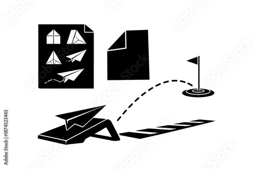 Creative office origami paper airplane journey in minimalist black silhouette design