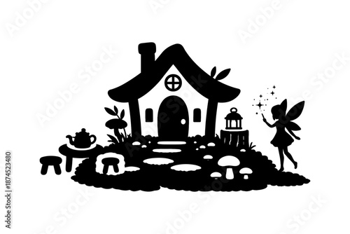 Charming fairy cottage and enchanted garden silhouette art design