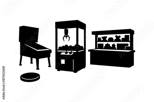 Retro arcade games silhouette set with pinball, claw machine, and prize stand