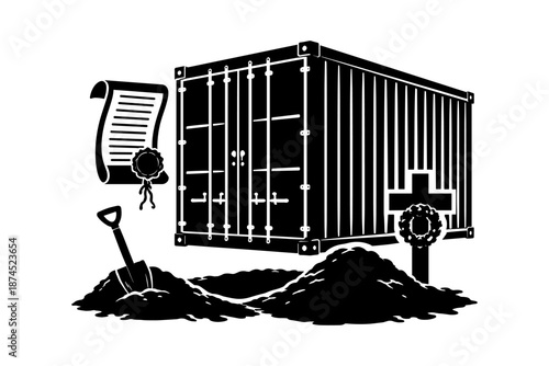 Shipping container farewell: silhouette scene with burial symbolism