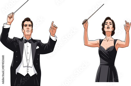Male and female orchestra conductors leading performance, classical music directors in formal wear, symphony conducting illustration, elegant musicians art