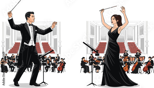 Male and female orchestra conductors leading musicians in concert hall, classical music performance, symphony, elegant evening, artistic cultural event