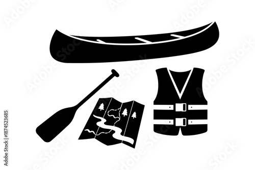 Silhouette canoe adventure icons: paddle, map, life vest essentials for river exploration