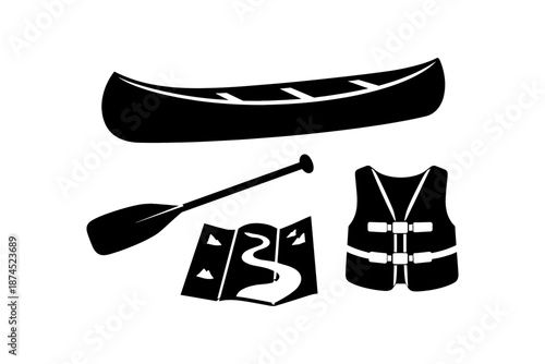 Silhouette icons of canoeing essentials: paddle, canoe, life vest, map