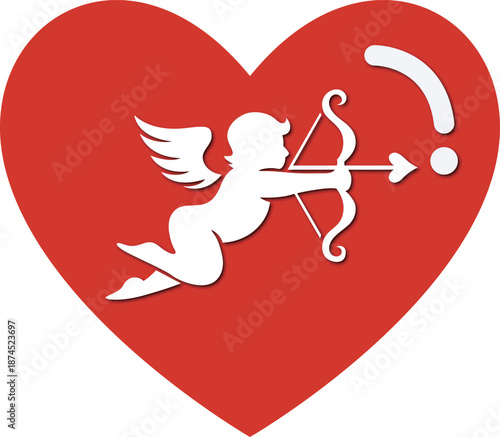 A red heart featuring a white cupid aiming with a bow and arrow