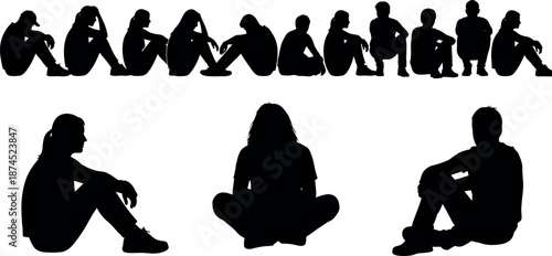 Silhouette Set of Depressed People and Lonely Teenagers Sitting on Floor in Grief Sadness Melancholy and Social Isolation Concept Art