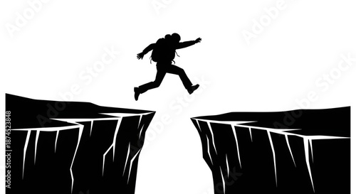 Silhouette of a Person Jumping Across a Deep Chasm Between Two Cliffs for Courage and Risk Concept
