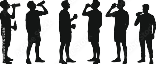 Drinking silhouette, casual people, bottle pose, cup gesture, black vector, standing posture, beverage action, summer outfit, hydration moment, social scene