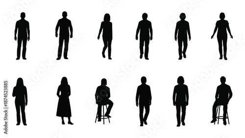 Silhouettes of people in various poses isolated on white background, Vector
