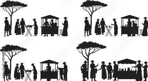 Vintage market silhouette, tree background, vendor stall, rural commerce, black vector, traditional attire, outdoor scene, social interaction, bottle display, community gathering