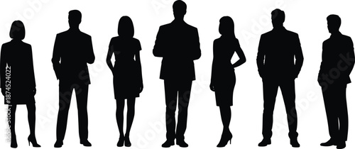 Business people silhouette, professional team, corporate attire, standing pose, black vector, workplace diversity, group unity, office staff, formal clothing, teamwork concept
