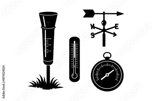 Silhouette icons of weather measurement instruments: rain gauge, thermometer, wind vane, compass