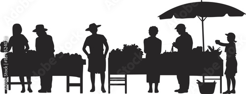 Farmers market silhouette, vendor and customer, fresh produce, black vector, outdoor stall, umbrella shade, shopping scene, food exchange, local commerce, community interaction