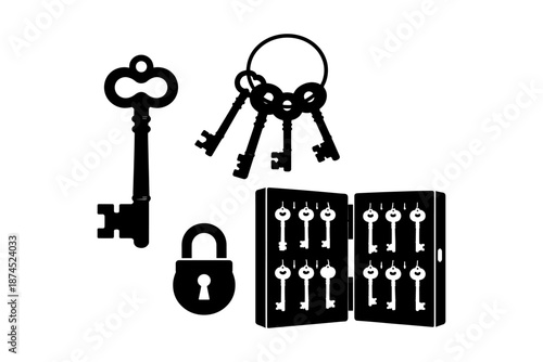 Silhouette antique keys and security set with lock and organizer