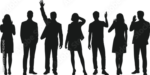 Business team silhouette, diverse group, standing pose, gesture variety, black vector, casual attire, professional people, waving hands, human figures, teamwork concept