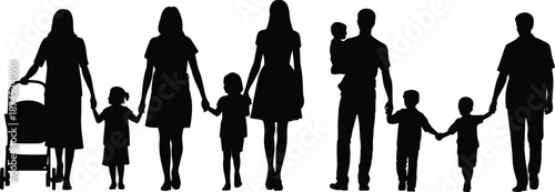 Family silhouette, adults and children, holding hands, black vector, parenting concept, stroller, baby, unity, childcare, group pose, togetherness scene
